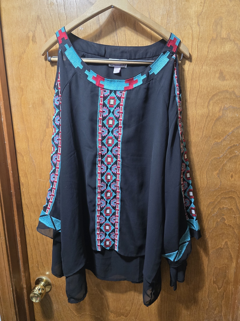 Black Cold-Shoulder Tank Top with Turquoise & Pink Embroidery